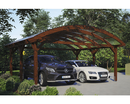 Doppelcarport aus Holz mit zwei parkenden Autos