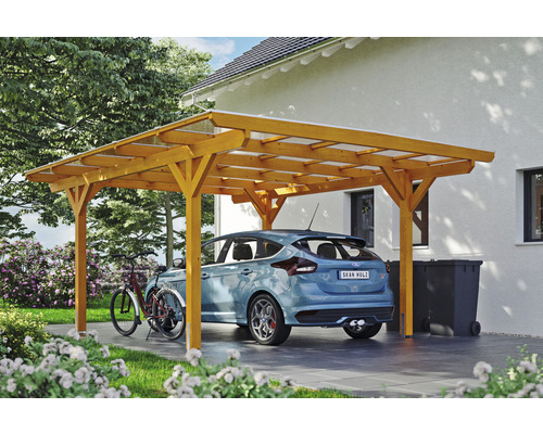 Carport aus Holz mit Auto und Fahrrad
