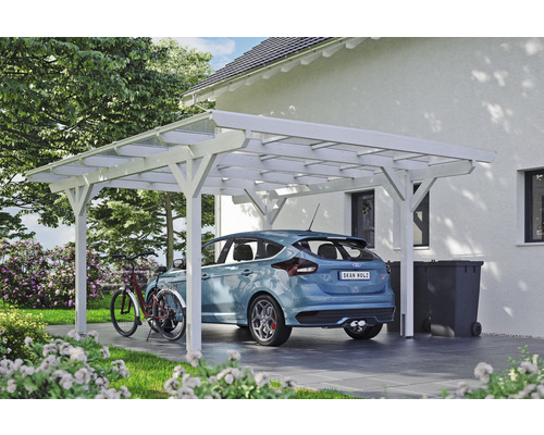Carport aus Holz mit Auto und Fahrrad