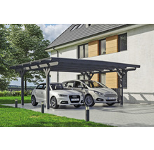 Doppelcarport aus Holz mit zwei parkenden Autos vor einem Haus