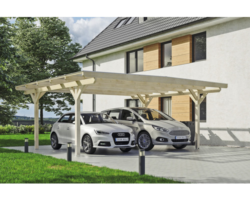 Doppelcarport SKAN HOLZ Odenwald inkl. Pfostenanker 640 x 541 cm natur