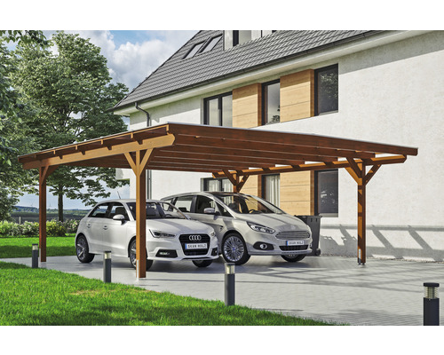 Doppelcarport aus Holz mit zwei geparkten Autos vor einem Haus