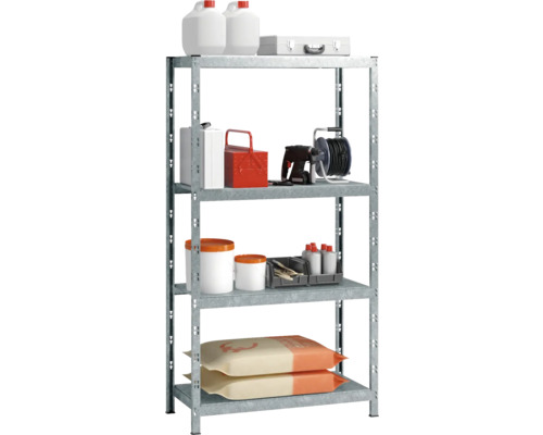 Vario Steck-Grundregal Schulte verzinkt 195x100x35 cm 4 Böden Tragkraft 600 kg Vollständig bestücktes, graues Steckregal mit vier Regalböden