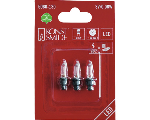 Konstsmide Logo. Drei LED-Leuchten in Verpackung