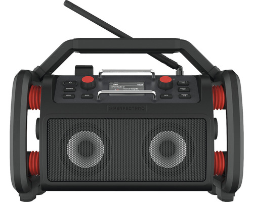 Baustellenradio PerfectPro ROCKPRO DAB+ und UKW-Empfang, Bluetooth, inklusive Ladegerät und integriertem Lithium-Akku, AUX und USB-Eingang, IP65