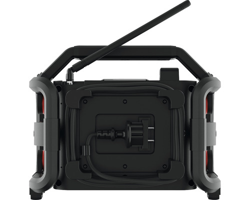 Rückansicht eines tragbaren Baustellenradios mit Antenne und Stromkabelaufwicklung.