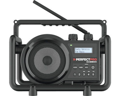 Baustellenradio PerfectPro DABBOX, DAB+ und UKW-Empfang, ingebautem Akkulader für universellen Akku, Bluetooth, Wiederaufladbar, AUX-Eingang, Stoßfest, IP54, DBX3