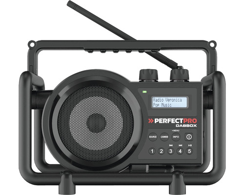 Baustellenradio PerfectPro DABBOX, DAB+ und UKW-Empfang, eingebautem Akkulader für universellen Akku, Bluetooth, Wiederaufladbar, AUX-Eingang, Stoßfest, IP54, DBX3