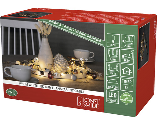 Verpackung einer Lichterkette mit warmweißen LEDs und transparentem Kabel für den Innenbereich