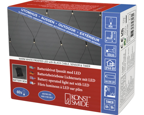 Konstsmide Lichterkette mit warmweißen LEDs, schwarzem Kabel, Sensor und Timer für den Außenbereich, Verpackung