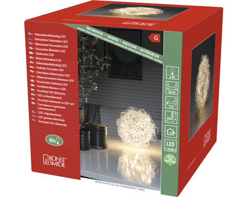 Verpackung einer LED Dekoleuchte für den Innenbereich mit warmweißem Licht und transparentem Kabel
