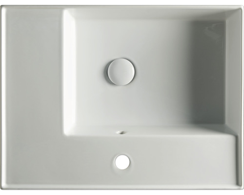 Aufsicht eines rechteckigen Keramikwaschbeckens mit Überlauf