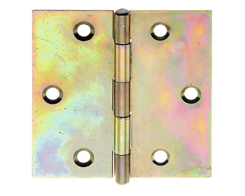 Scharnier halbbreit mit vernietetem Messingstift, 38 x 38 mm, Galv. gelb verzinkt Türscharnier aus Metall mit Löchern zur Befestigung