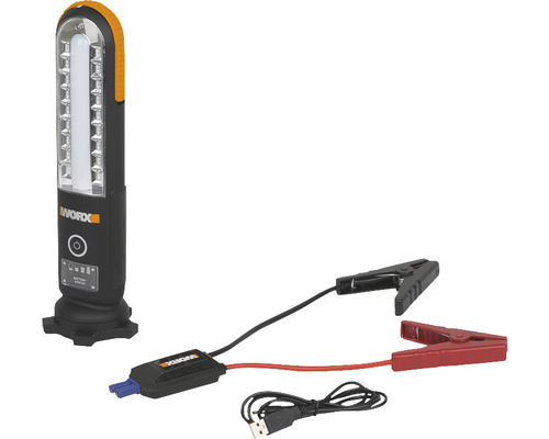 Worx LED-Arbeitsleuchte mit Batterieklemmen und USB-Kabel