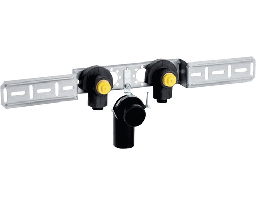 GEBERIT PushFit Anschlusswinkel 90 ° Rotguss vormontiert zweifach 20 mm x 1/2 Zoll IG mit Ablaufrohrschelle und Anschlussbogen 651.298.00.1 Vorwandelement für Sanitärinstallation mit Befestigungsschiene