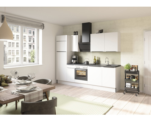 Optifit Küchenzeile mit Geräten Arvid986 270 cm Frontfarbe weiß glänzend Korpusfarbe weiß zerlegt