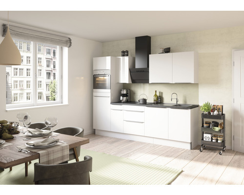 Optifit Küchenzeile mit Geräten Arvid986 270 cm Frontfarbe weiß glänzend Korpusfarbe weiß zerlegt