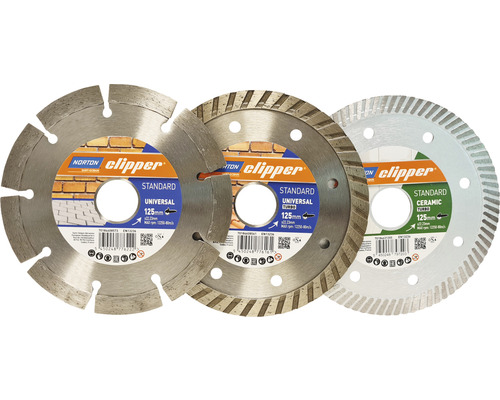 Drei Norton Clipper Trennscheiben Standard Universal, Universal Turbo und Ceramic Turbo, jeweils 125 Millimeter Durchmesser