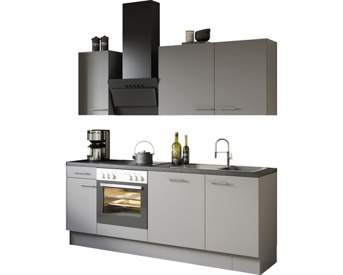Optifit Küchenzeile mit Geräten Mats825 210 cm Frontfarbe basaltgrau matt Korpusfarbe grau zerlegt