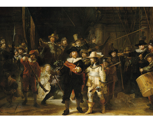 Das Gemälde Die Nachtwache von Rembrandt zeigt eine Gruppe von bewaffneten Männern.
