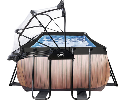 Rechteckiger Stahlrahmenpool mit Holzoptik und Poolüberdachung