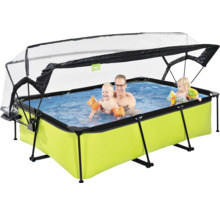 Rechteckiger Aufstellpool mit Überdachung und spielenden Personen im Wasser