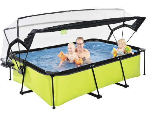 Rechteckiger Aufstellpool mit Überdachung und spielenden Personen im Wasser