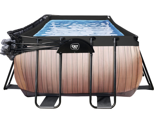 Rechteckiger Frame-Pool mit Holzoptik und Abdeckung