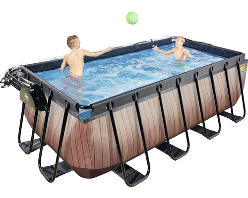 Rechteckiger Framepool mit Holzoptik und spielenden Kindern im Wasser