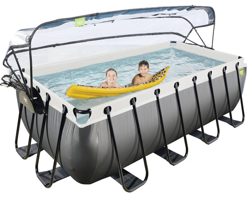 Rechteckiger Stahlrahmenpool mit Überdachung und Kindern im Wasser