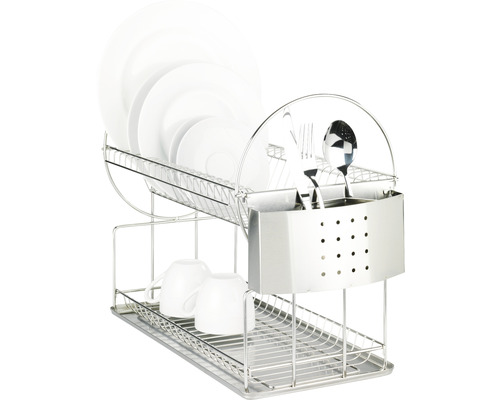 Geschirrabtropfgestell aus Metall mit Tellern, Tassen und Besteck