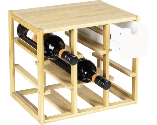 Weinregal aus Bambus mit zwei Weinflaschen und einer Schublade