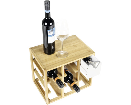 Weinregal aus Bambus mit Flaschen, Glas und Schublade