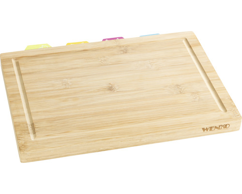 Bambus Schneidebrett mit farbigen Lebensmittelmarkierungen und Saftrille