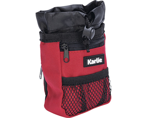 Roter Hunde-Futterbeutel mit schwarzem Kordelzug und Karlie Logo