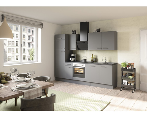 Optifit Küchenzeile mit Geräten Mats825 270 cm Frontfarbe basaltgrau matt Korpusfarbe grau zerlegt