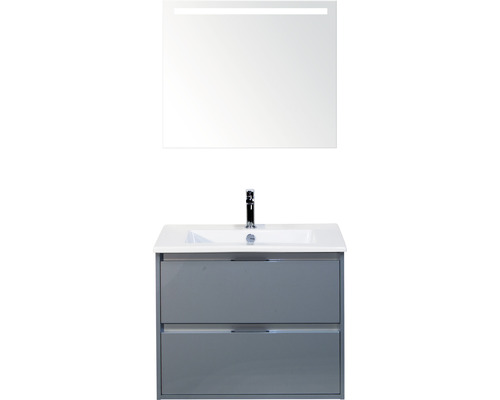 Badmöbel-Set Sanox Porto BxHxT 71 x 170 x 51 cm Frontfarbe eisgrün mit Waschtisch Keramik weiß und Keramik-Waschtisch Spiegel mit LED-Beleuchtung Waschtischunterschrank Waschtisch mit Waschbecken, Unterschrank und Spiegel mit Beleuchtung