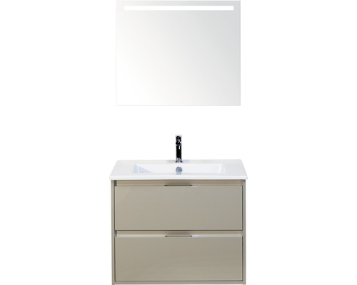 Badmöbel-Set Sanox Porto BxHxT 71 x 170 x 51 cm Frontfarbe kieselgrau mit Waschtisch Keramik weiß und Keramik-Waschtisch Spiegel mit LED-Beleuchtung Waschtischunterschrank