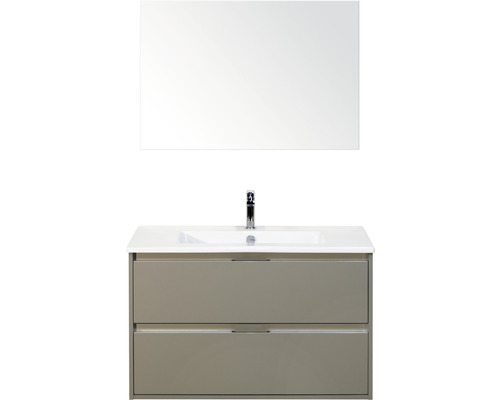 Badmöbel-Set Sanox Porto BxHxT 91 x 170 x 51 cm Frontfarbe cubanit grey mit Waschtisch Keramik weiß und Keramik-Waschtisch Spiegel Waschtischunterschrank