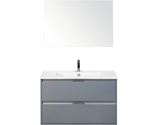 Badmöbel-Set Sanox Porto BxHxT 91 x 170 x 51 cm Frontfarbe eisgrün mit Waschtisch Keramik weiß und Keramik-Waschtisch Spiegel Waschtischunterschrank Waschtisch mit zwei Schubladen, Waschbecken, Armatur und Spiegel