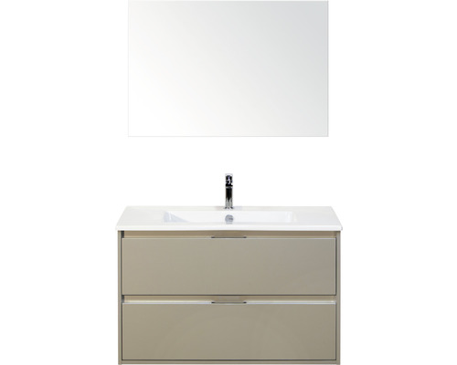 Badmöbel-Set Sanox Porto BxHxT 91 x 170 x 51 cm Frontfarbe kieselgrau mit Waschtisch Keramik weiß und Keramik-Waschtisch Spiegel Waschtischunterschrank