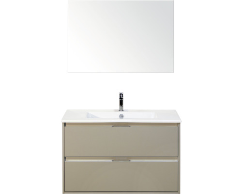 Badmöbel-Set Sanox Porto BxHxT 91 x 170 x 51 cm Frontfarbe kieselgrau mit Waschtisch Keramik weiß und Keramik-Waschtisch Spiegel Waschtischunterschrank Waschtisch mit Spiegel und zwei Schubladen