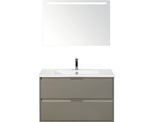 Badmöbel-Set Sanox Porto BxHxT 91 x 170 x 51 cm Frontfarbe cubanit grey mit Waschtisch Keramik weiß und Keramik-Waschtisch Spiegel mit LED-Beleuchtung Waschtischunterschrank