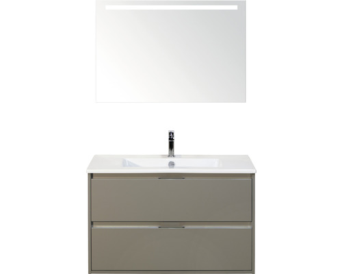 Badmöbel-Set Sanox Porto BxHxT 91 x 170 x 51 cm Frontfarbe cubanit grey mit Waschtisch Keramik weiß und Keramik-Waschtisch Spiegel mit LED-Beleuchtung Waschtischunterschrank Waschtischkombination mit Spiegel und zwei Schubladen