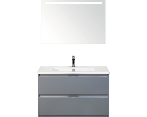 Badmöbel-Set Sanox Porto BxHxT 91 x 170 x 51 cm Frontfarbe eisgrün mit Waschtisch Keramik weiß und Keramik-Waschtisch Spiegel mit LED-Beleuchtung Waschtischunterschrank