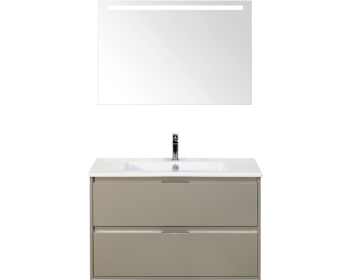 Badmöbel-Set Sanox Porto BxHxT 91 x 170 x 51 cm Frontfarbe kieselgrau mit Waschtisch Keramik weiß und Keramik-Waschtisch Spiegel mit LED-Beleuchtung Waschtischunterschrank