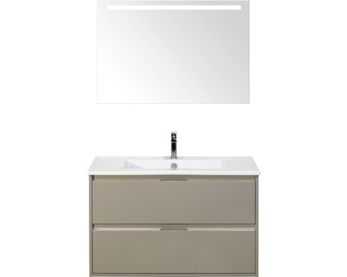 Badmöbel-Set Sanox Porto BxHxT 91 x 170 x 51 cm Frontfarbe kieselgrau mit Waschtisch Keramik weiß und Keramik-Waschtisch Spiegel mit LED-Beleuchtung Waschtischunterschrank Waschtisch mit zwei Schubladen, Waschbecken, Armatur und Spiegel mit Beleuchtung