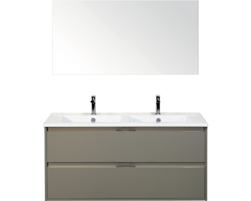 Badmöbelset 3-teilig Doppelbadmöbel Sanox Porto BxHxT 121 x 170 x 51 cm Frontfarbe cubanit grey mit Waschtisch Keramik weiß und Keramik-Doppelwaschtisch Spiegel Waschtischunterschrank Griff chrom matt 84730050 Waschtisch mit Doppelwaschbecken, Unterschrank mit Schubladen und Spiegel