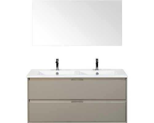 Badmöbelset 3-teilig Doppelbadmöbel Sanox Porto BxHxT 121 x 170 x 51 cm Frontfarbe kieselgrau mit Waschtisch Keramik weiß und Keramik-Doppelwaschtisch Spiegel Waschtischunterschrank Griff chrom matt 84730052 Waschtisch mit zwei Waschbecken, Unterschrank mit zwei Schubladen und Spiegel