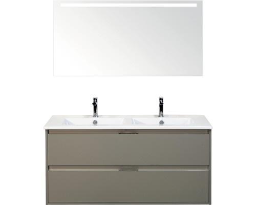 Badmöbelset 3-teilig Doppelbadmöbel Sanox Porto BxHxT 121 x 170 x 51 cm Frontfarbe cubanit grey mit Waschtisch Keramik weiß und Keramik-Doppelwaschtisch Spiegel mit LED-Beleuchtung Waschtischunterschrank Griff chrom matt 84730150 Waschtisch mit zwei Waschbecken, Unterschrank mit zwei Schubladen und Spiegel mit Beleuchtung